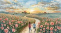 Two children walk hand in hand along a winding path flanked by vibrant rose fields Royalty Free Stock Photo